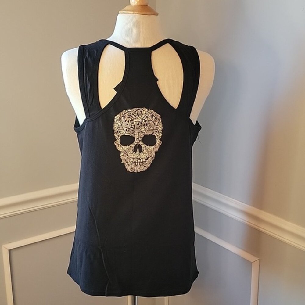 VOCAL Black Ivory Rhinestone Paisley Floral Skull‎ Graphic Biker Punk Tank Top L - Picture 3 of 8